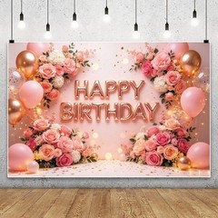 Pink Flower Happy Birthday Backdrop Party Banner Photo Booth Background Decor
