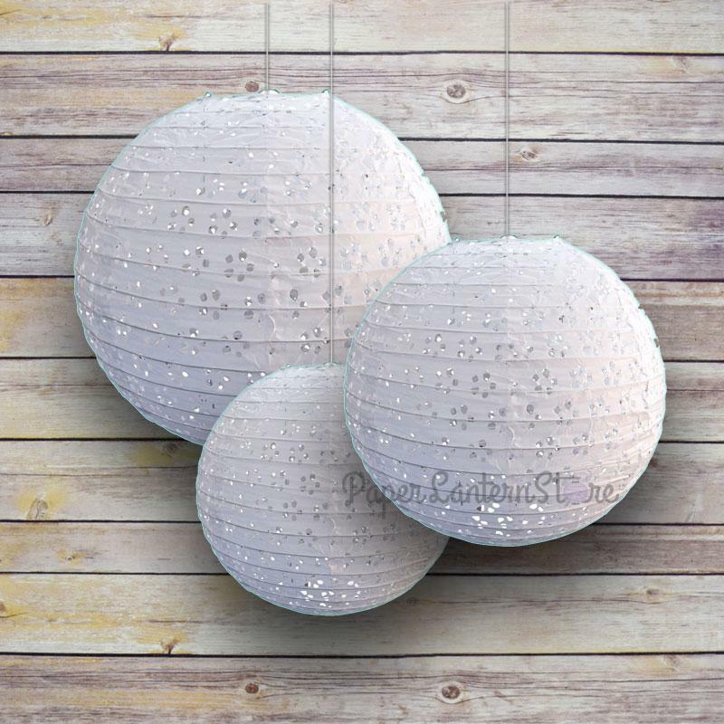 6/8/10″ White Eyelet Lace Look Round Paper Lanterns, Even Ribbing (3-Pack Cluste