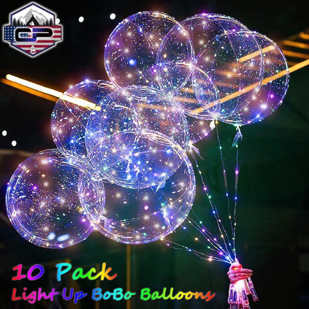 10 Pack LED Light Up BoBo Balloons 20″ Party Birthday Transparent Bubble Balloon