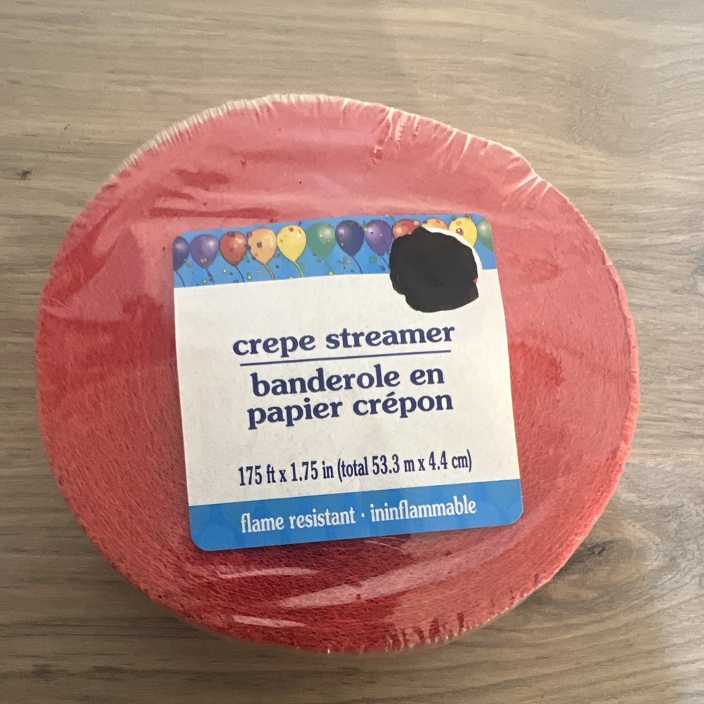 Red Crepe Paper Streamer Roll, Flame Resistant, 175 ft x 1.75 in Solid