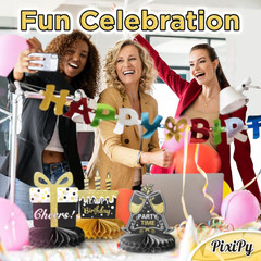 Happy Birthday Table Decoration Centerpieces – 9 Pieces, Black & Gold – Double-S