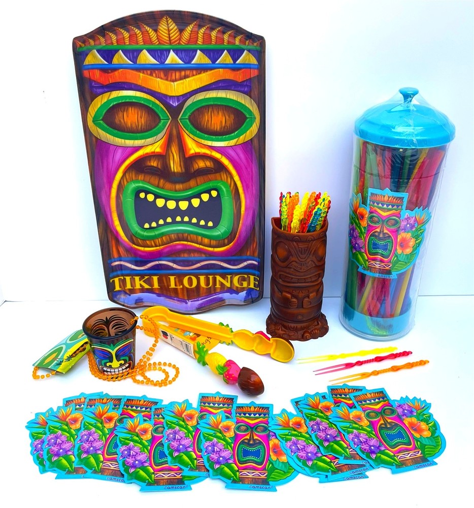 Tiki Bar Tray, Picks/Holder, Straws/Dispenser, Shot Glass Necklace, Tongs, Decor