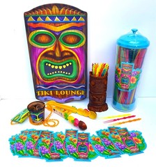 Tiki Bar Tray, Picks/Holder, Straws/Dispenser, Shot Glass Necklace, Tongs, Decor