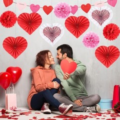 Valentine Day Hanging Decorations Kit Bunting Heart Paper Fans Pompoms Set