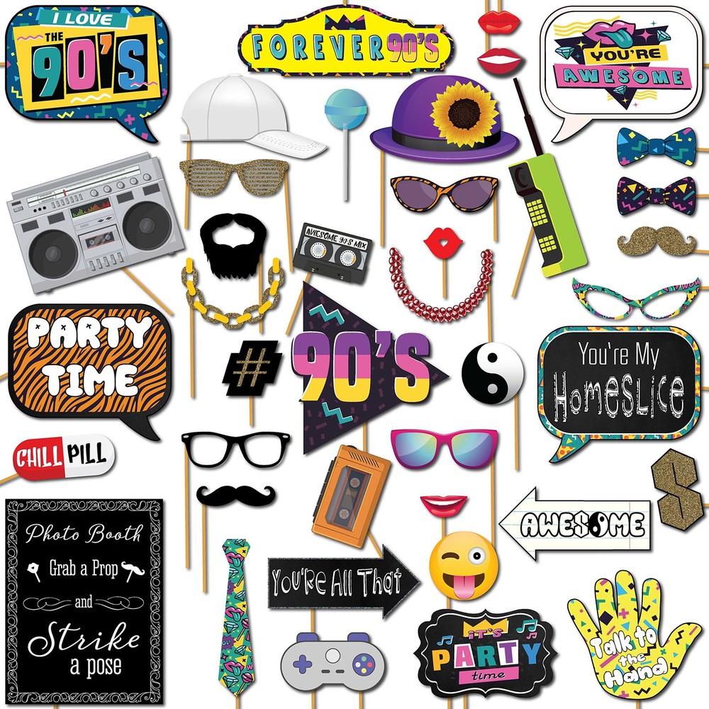 90s Photo Booth Props – 41-pc 90 s Selfie Prop Kit with 8 x 10-Inch Sign, 60 …