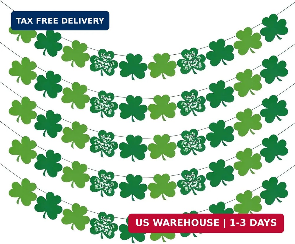 St Patricks Day Decorations – 5 Pack Shamrock Clover Garland Banner – NO DIY Fel