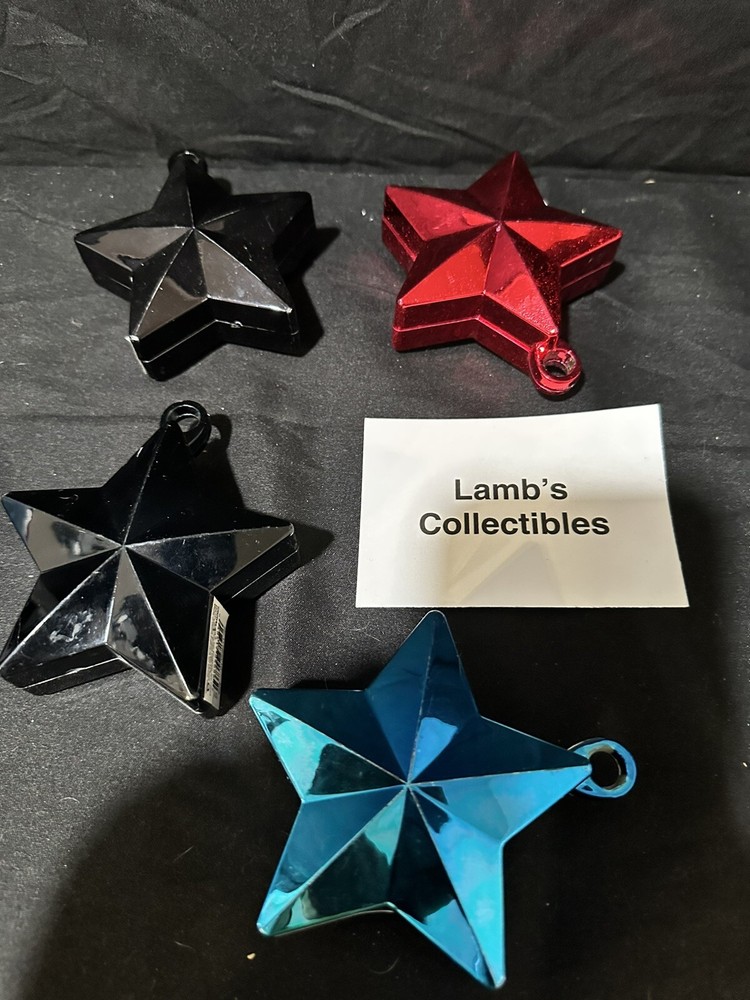 Star Shaped Balloon Weights 5.5oz ea lot of 4 – 2 Black, One Red, One Blue Party