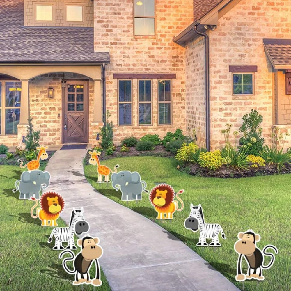 10 Piece Safari Animals Baby Shower Pathway Markers, Safari Birthday Yard Signs