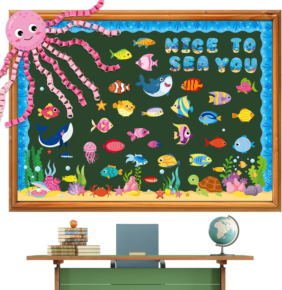 104 Pcs Ocean Theme Bulletin Board Decorations, DIY Sea Animals Octopus Fish Pap