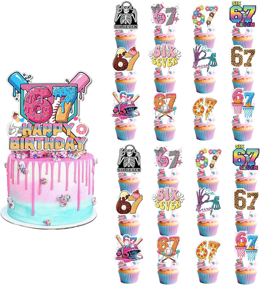 67th Birthday Decor – Colorful Graffiti Bunting & Cupcake Topper for Parties