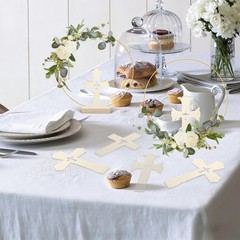 24 Pcs Baptism Centerpiece Decor – 12 Wood Crosses & 12 Metal Floral Hoops for W