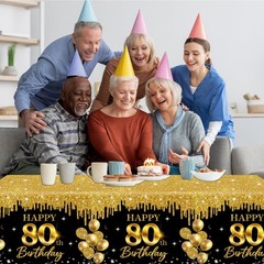CMUSKO 80th Birthday Tablecloth, 3Pcs Black Gold 80th Birthday Decorations Ta…