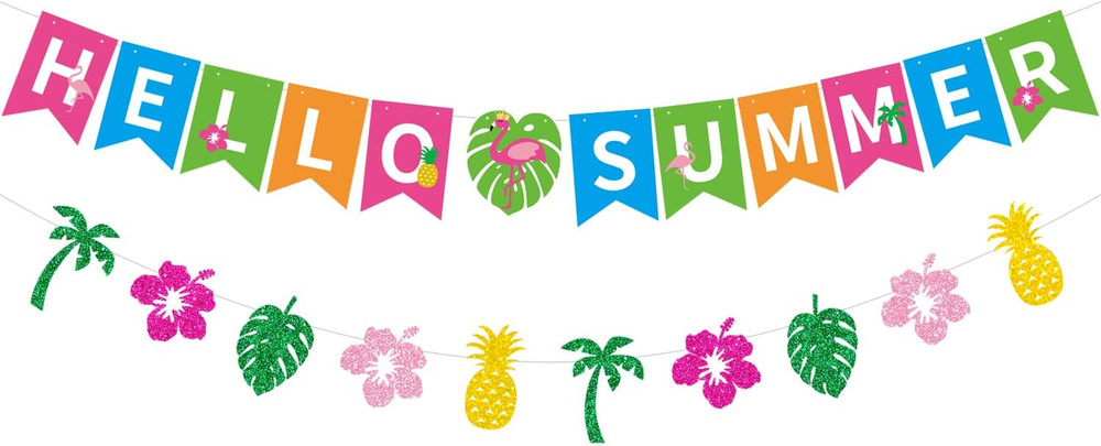Hello Summer Banner and Glittery Hawaiian Luau Tropical Themed Banner Colorful S