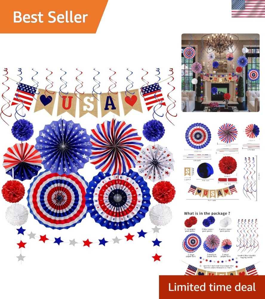 26Pcs Patriotic Decorations Set: LOVE Banner, Fans & Pom Poms – Perfect for 4…