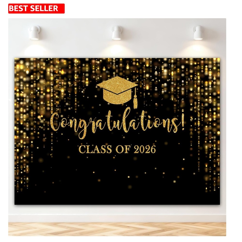 Elegant 2026 Graduation Backdrop – Black Gold Glitter Bokeh, 7x5ft Perfect fo…