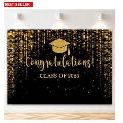Elegant 2026 Graduation Backdrop – Black Gold Glitter Bokeh, 7x5ft Perfect fo…