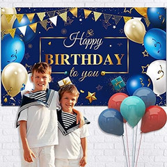 Happy Birthday Backdrop Banner Navy Blue Gold Party Decoration 72.8 x 43.3 Inch