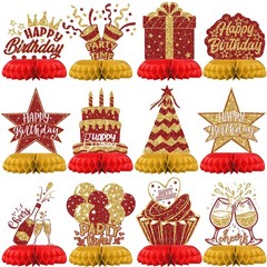 12 PCS Red Gold Honeycomb Table Centerpieces for Adult Birthday Party Decor