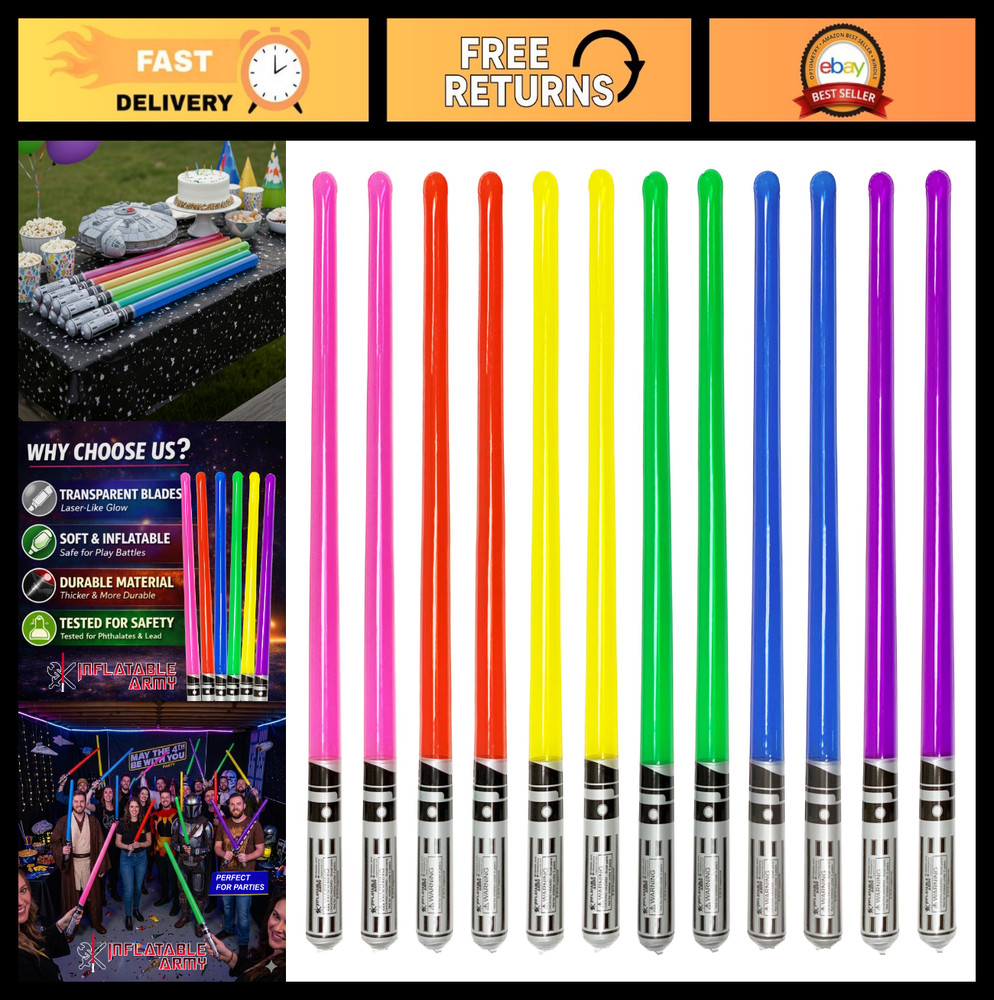 12-Pack Inflatable Lightsabers – 2 Pink, Red, Yellow, Green, Blue, Purple – Part