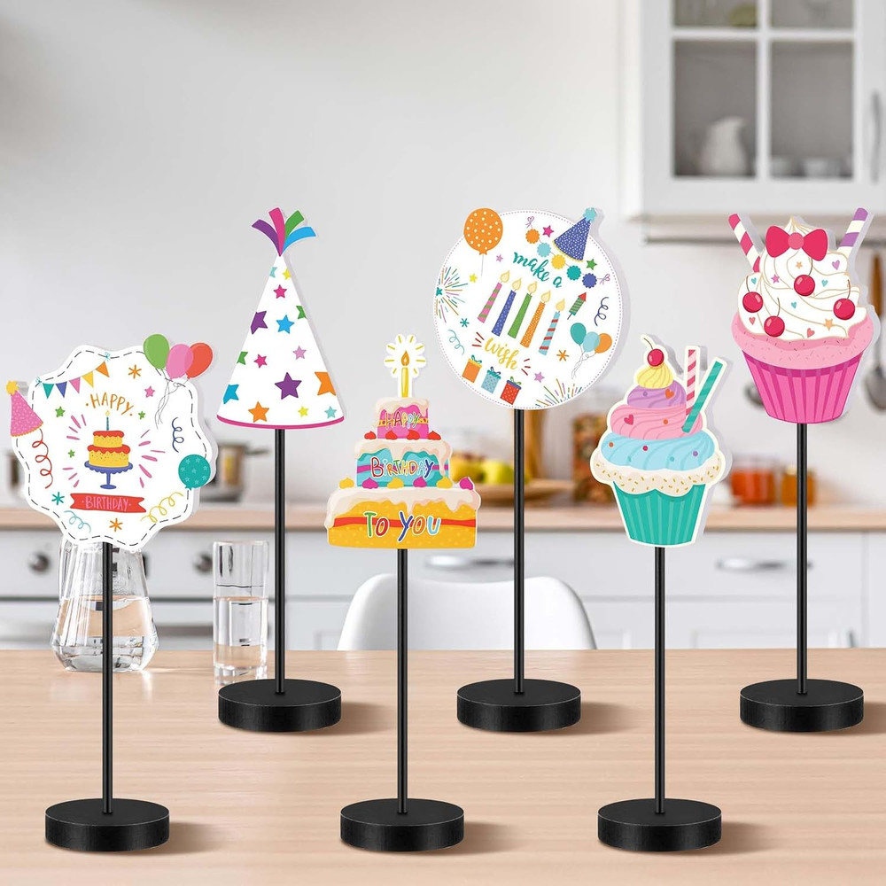 6 Pcs Wooden Birthday Table Decorations Happy Birthday Standing Sign Decor Color
