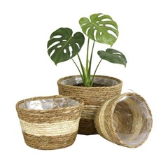 3 Piece Lined Wicker Plant Basket Set 18 22 25 cm Natural Seagrass Decor