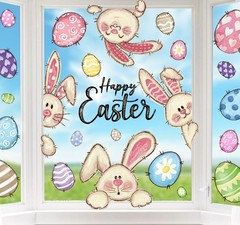 6 Sheets Easter Window Clings Happy Easter Bunny Eggs Window Decals Oil Painting