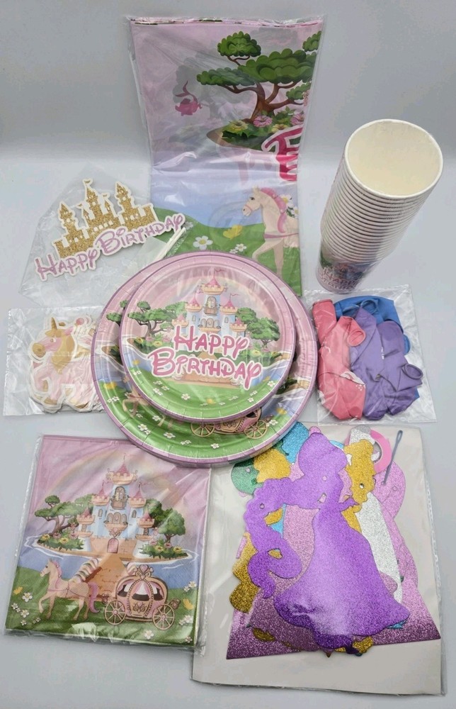 Deluxe Princess Birthday Party Supplies Kit 120pc Plates Backdrop Tiara