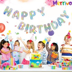 Iridescent Happy Birthday Banner, Pre-Strung Holographic Birthday Decorations…