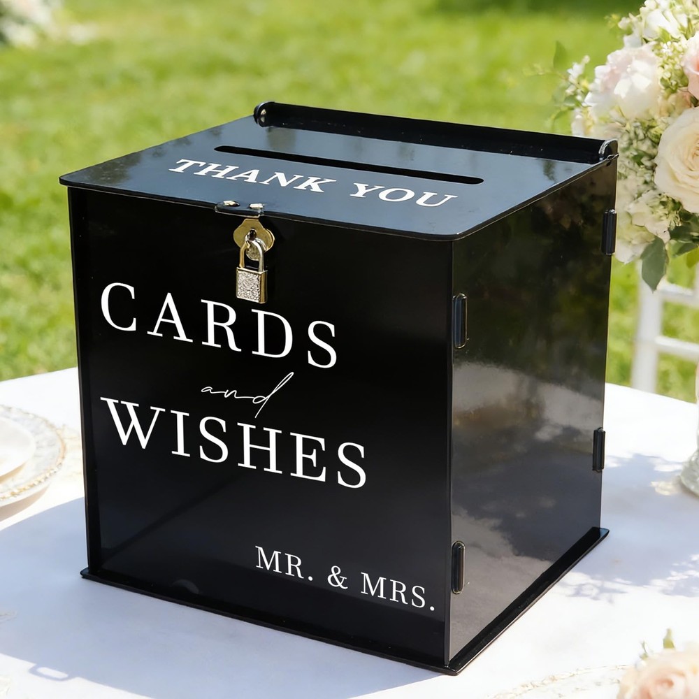 SOFARKKT Black Acrylic Card Box with Slot & Lock, DIY Large Wedding