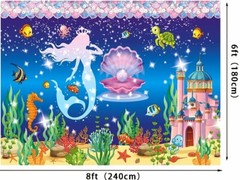 Birthday Backdrop Mermaid-Under the Sea Theme (8x6FT) Baby Shower, Blue & Purple