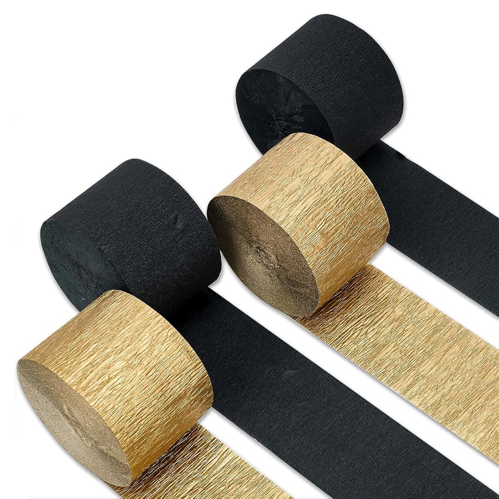 Captain Décor 4 Crepe Paper Streamers Rolls, 328ft Pack of 4 Gold and Black S…