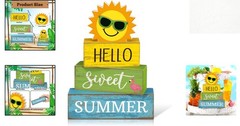 Hello Summer Tiered Tray Decor – 4 Rustic Wooden Centerpieces for Festivities