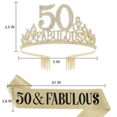 50th Birthday Decorations – Sash, Tiara & Crown for 2 piece Set, Gold