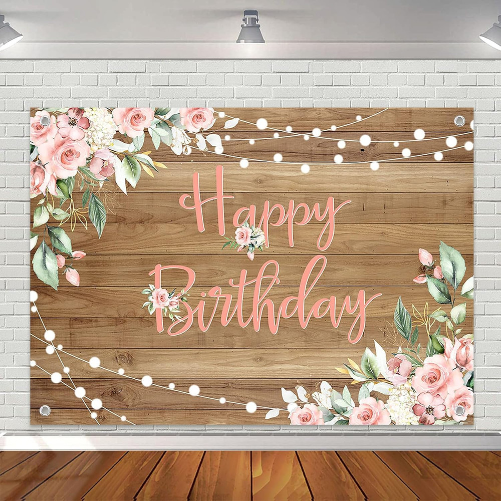 Rustic Wood Birthday Banner Happy Birthday Party Decorations Pink Floral Girls W