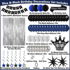 Blue and Black Birthday Decorations for Men Boys Women, 78PCS Blue and Silver…