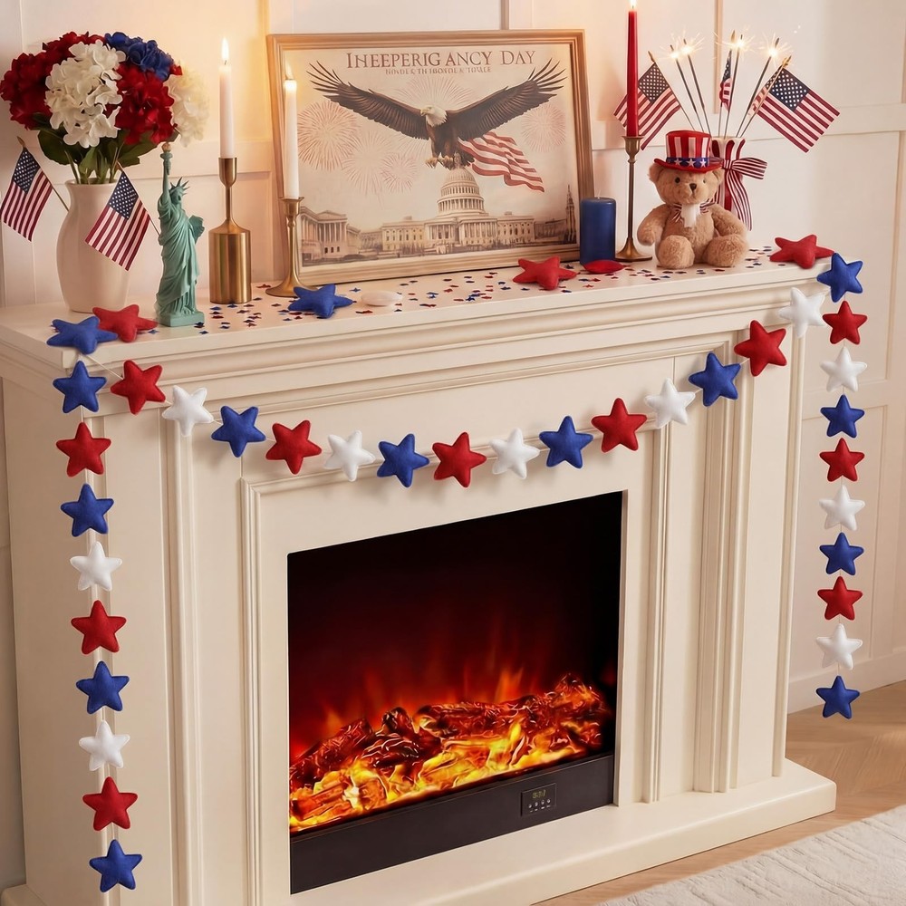 13 FT 48 Pcs Patriotic Felt Star Garland Banner Red White Blue Americana Garl…
