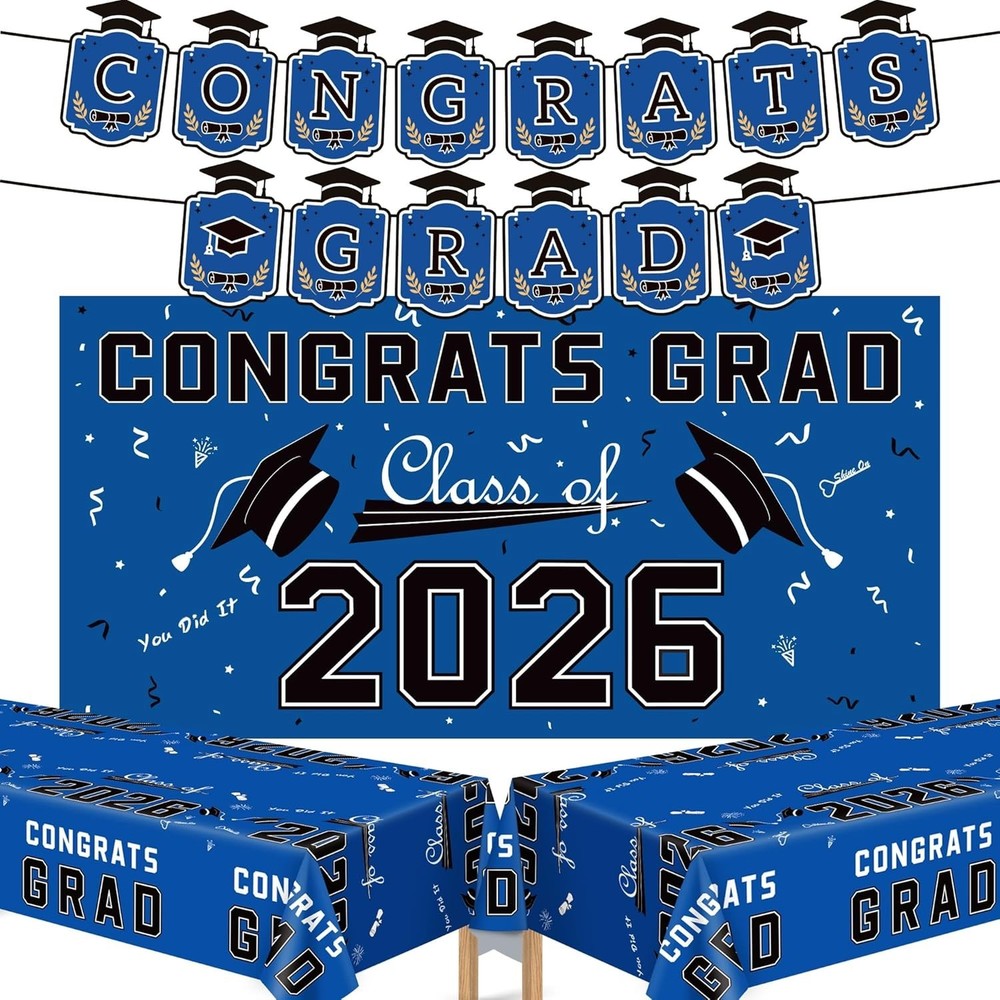 Graduation Decorations 2026 – Blue Congrats Grad Banner Backdrop Tablecloth Set