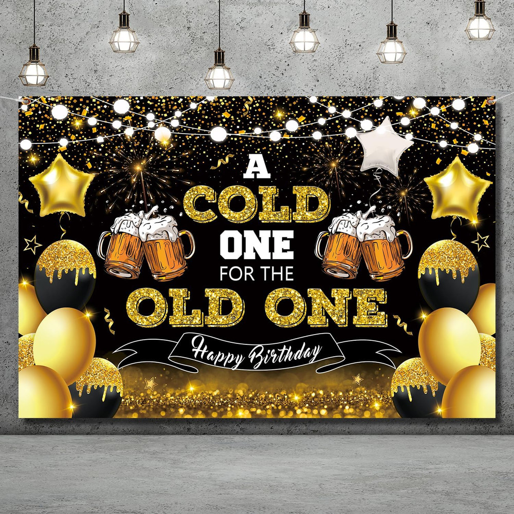 Beer Party Decorations,Black and Gold Happy Birthday Backdrop for Men a Cold One