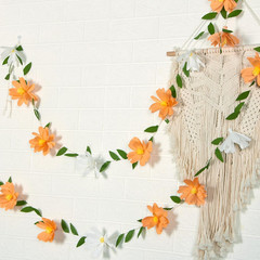 Crepe Paper Flowers Banner White Orange Floral Banner Spring Hanging Paper Flowe
