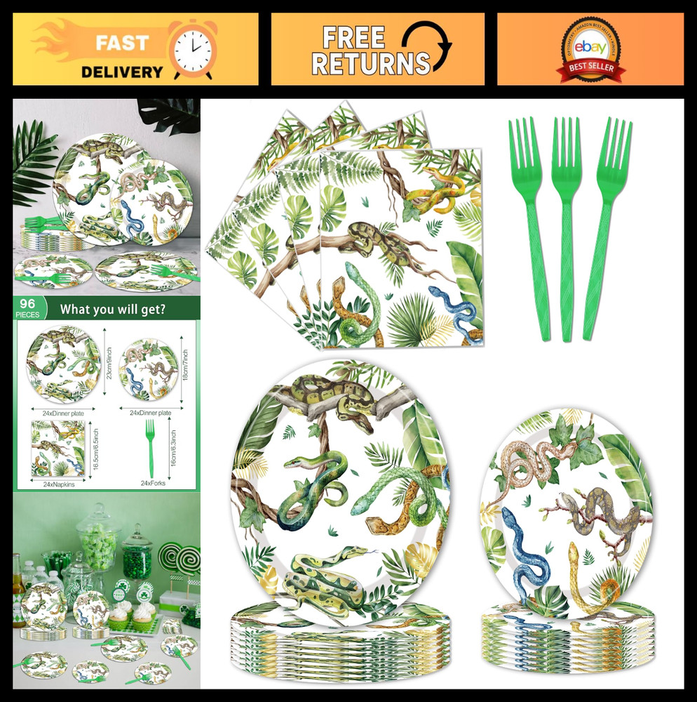 96 PCS Reptile Snake Birthday Party Supplies – Plates & Napkins for 24 Guests, J