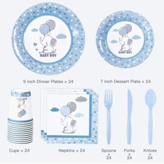 168 Pc.Elephant Themed Baby Boy Shower Tableware Set.Plates,napkins,cups,utensil