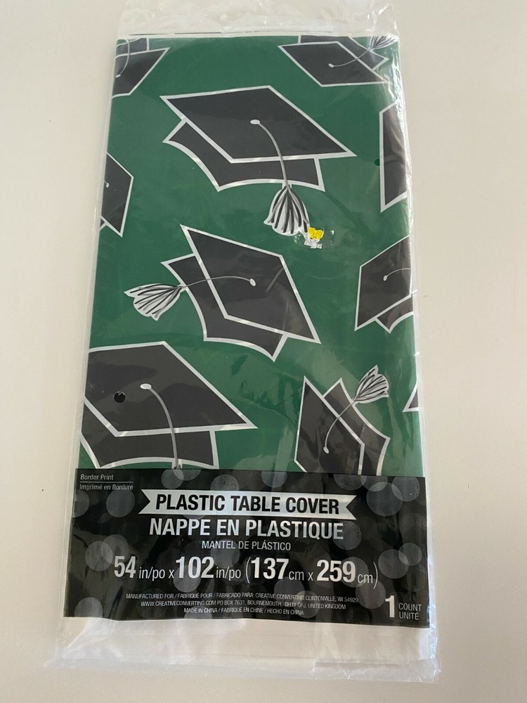 GRADUATION Party School Spirit Green Plastic Border Print Tablecloth 54″x102″