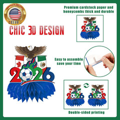 9PCS 2026 World Soccer Party Decorations Red Green and Blue Theme Honeycomb Cent