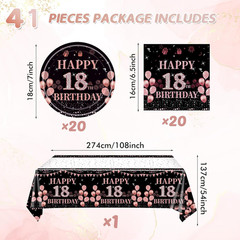 18th Birthday Party Tableware Set 41Pc Rose Gold Plates Napkins Tablecloth