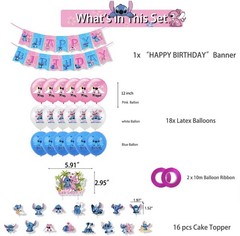 Stitch & Angel Birthday Party Set Balloons Banner Cake Toppers Pink Blue Cartoon