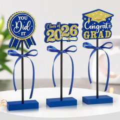 2026 Graduation Table Decorations Wooden Sign, 3Pcs Blue and Gold Graduation Tie