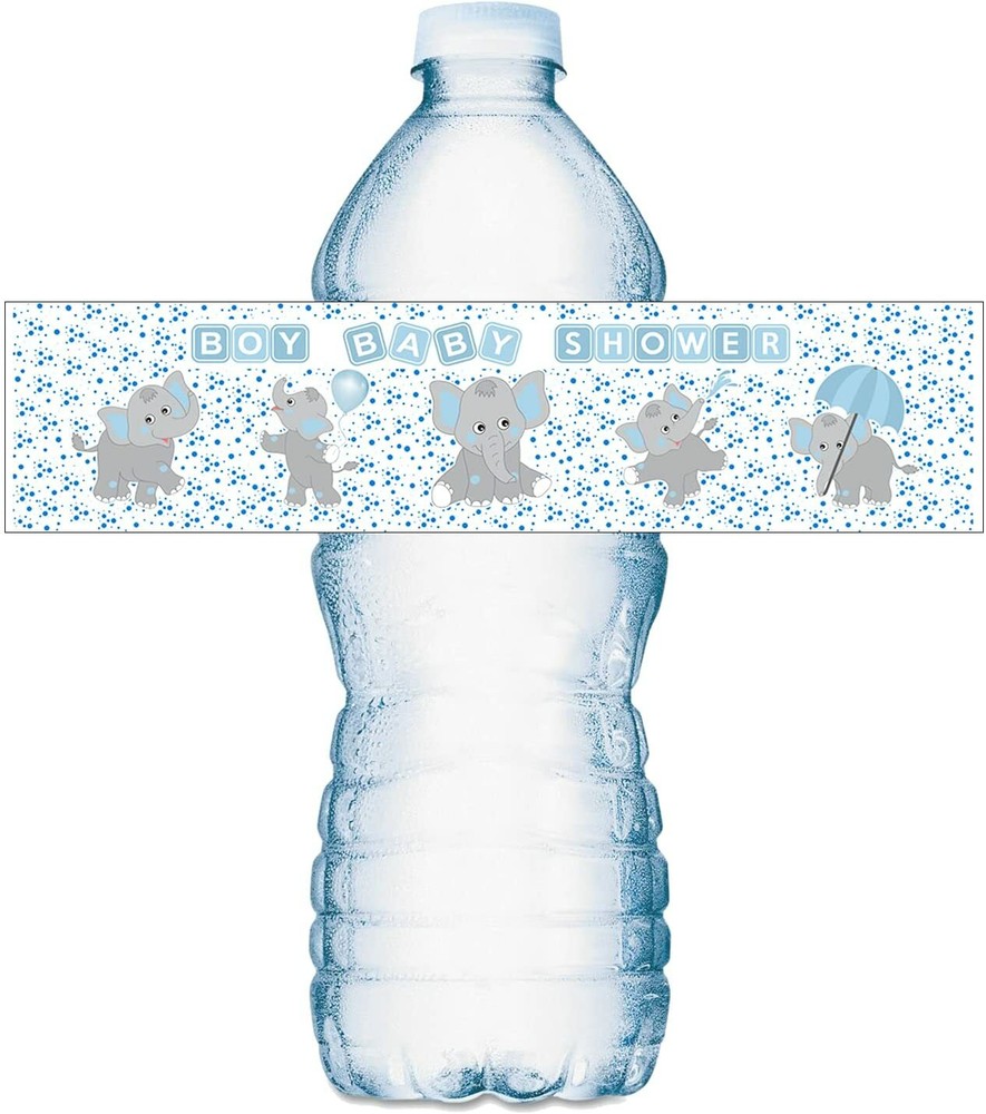 20 Blue Elephants Water Bottle Labels For Baby Shower Party Waterproof Glossy