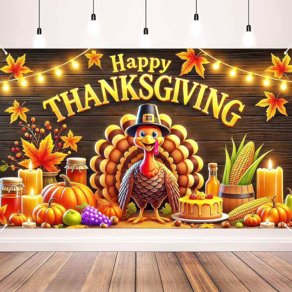 Thanksgiving Turkey Pumpkin Banner 71×43″ Outdoor Decor Photo Booth Backdrop