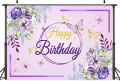 Birthday Party Background,Elegant Purple & Gold Floral Butterfly Happy Birthday