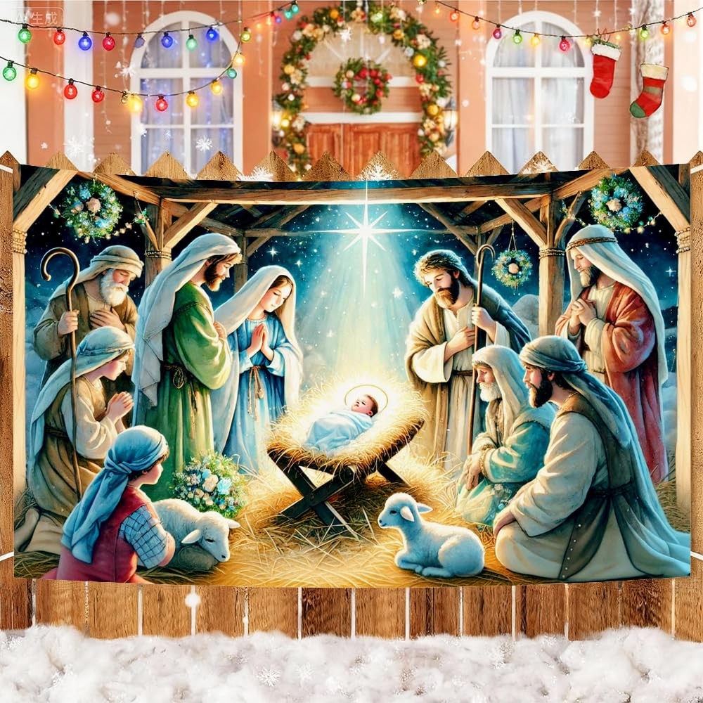 Nativity Scene Christmas Banner 70.9×43.3Inch Holy Family Baby Jesus Mary Jos…